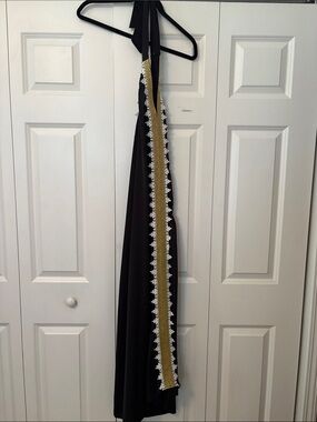 SHEIN Black Halter Backless Maxi Dress with Gold & White Trim